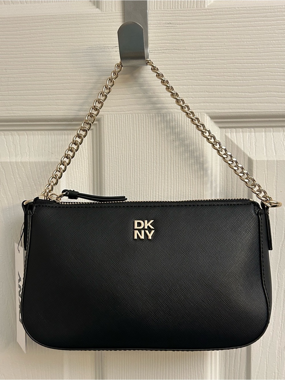 DKNY Black Saffiano Leather Shoulder Bag/Crossbody with Gold Logo